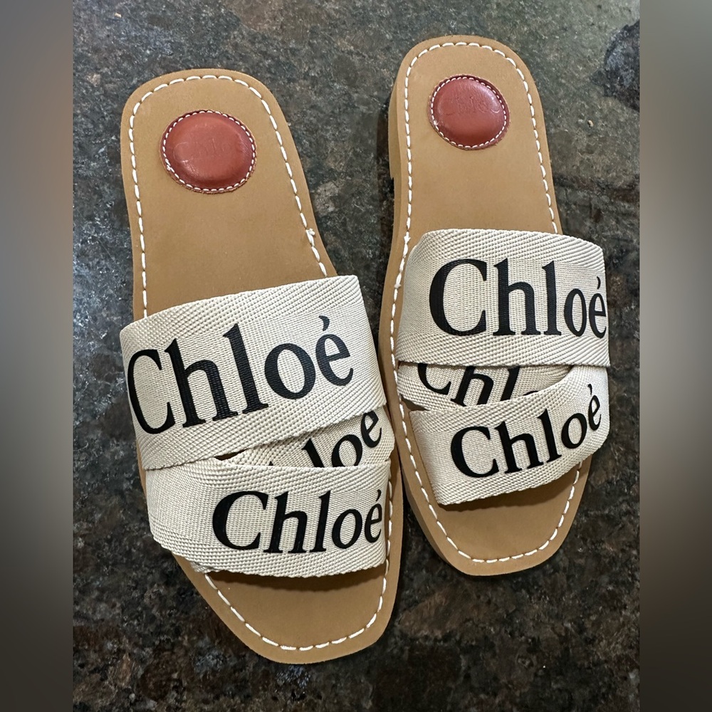 NEW Chloe Designer Woody Flat Logo Ribbon Slide Sandals Shoe Women 9B/39EU White - Picture 2 of 7